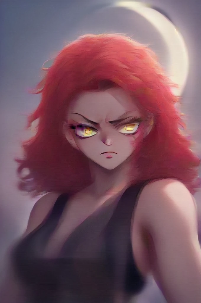 a pale hashira with medium red hair, with colorful eyes and a moon haori, with a serious expression, with the features of the demon slayer anime