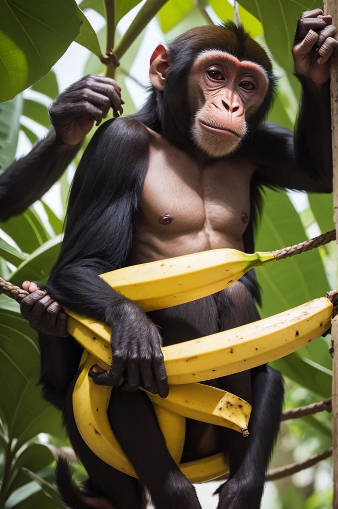 A monkey with a banana thinking it's a gun in fear