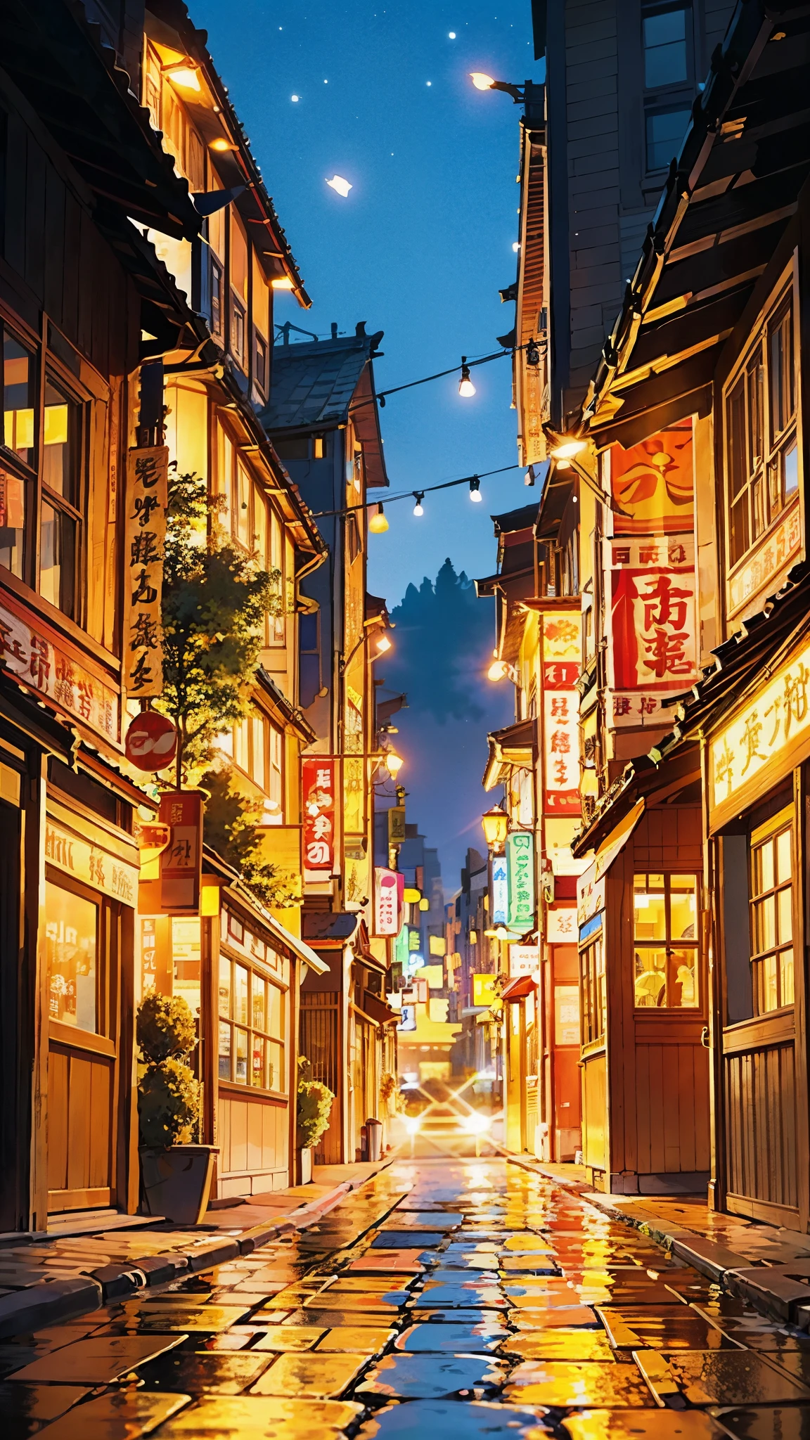 In the heart of the bustling city, A scene that looks like something straight out of a movie unfolds before your eyes.. The stage is set in high definition, Exquisite details accentuate its timeless appeal. A scene that captures the essence of a bygone era when prosperity reigned.、The past comes alive。. The warm light of the street lamps envelops the scenery., A golden glow on the cobblestone road、Illuminates every corner. , Surrounded by an aura of interest and surprise.