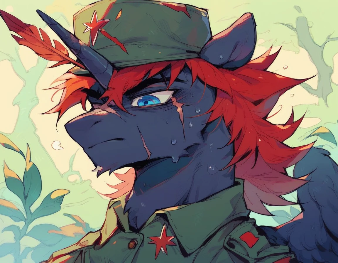 Male alicorn pony, black fur, long red hair, deep blue eyes, red feathers on wings, scar over left eye, red striping, vietnam-era army uniform, boonie hat, in a swamp, sweating, close-up portrait
