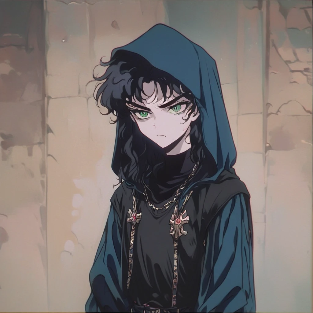 A bright shot, portrait, epic realistic, один boy, Thin, ((teenager)), schoolboy, (surrounded by people without faces) (Beautiful мальчик, Pale skin), boy, Beautiful, big eyes (curly hair) curls, short hair, dark hair, big green eyes, gloomy atmosphere, Dark detailed background, Dark colors, contrast light, (ghosts), gloomy, frown, looks at the camera, black sweatshirt, Hooded figure, ghosts окружают много деталей, Detailed frame, excellent quality, masterpiece