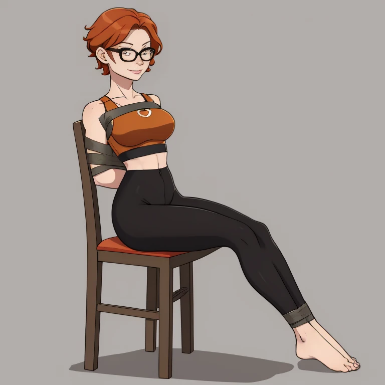 A beautiful barefoot ginger woman with wavy short hair wearing glasses, black leggings and a croptop, tied to a chair, full body 