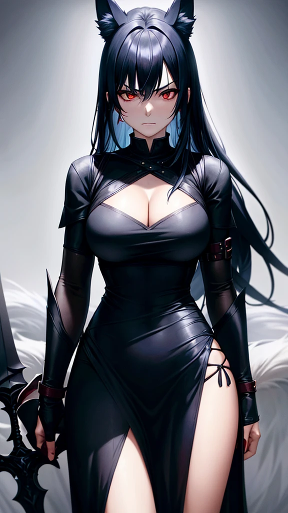 An adult woman, half wolf, black and blue hair, black ears, shining red eyes, wearing a black and blue dress, very angry, wide breasts, holding a sword