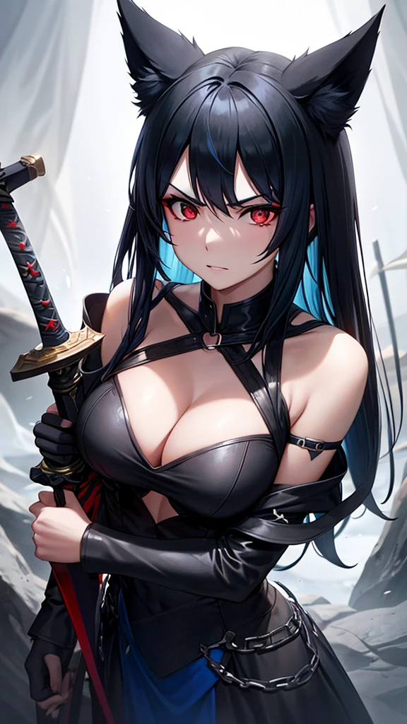 An adult woman, half wolf, black and blue hair, black ears, red eyes, wearing a black and blue dress, with an angry but gentle face, wide breasts, holding a sword