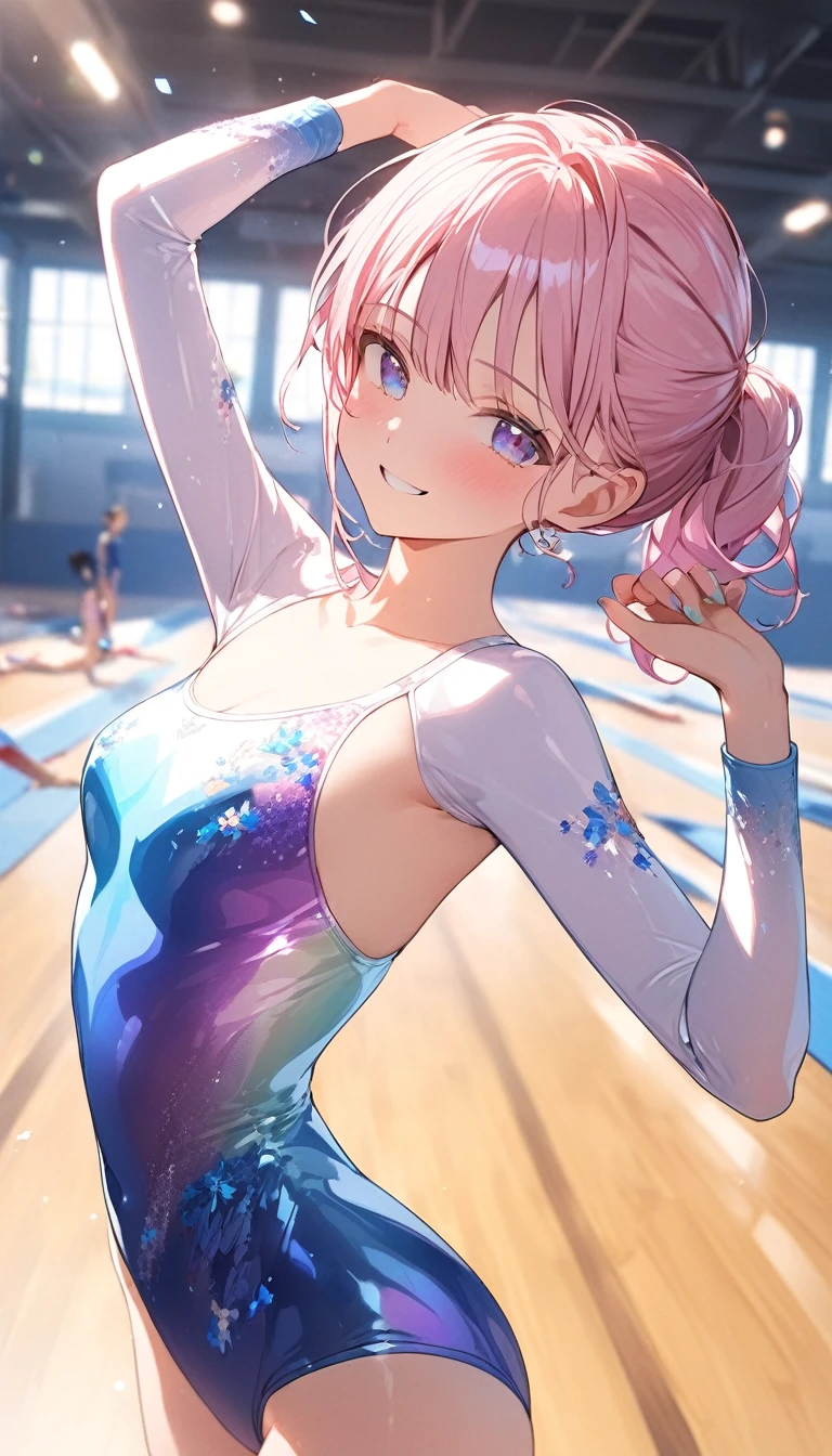 highquality illustration, masterpiece, very delicate and beautiful, attractive girl,(gymnastics leotard, Floral patterns leotard,long sleeve leotard with glittery decoration,high_leg leotard,athletic leotard,tight-fit leotard,iridescent gradient leotard,long-sleeve leotard),thin,slender body,slim,high school,gymnasium background,gymnastics club,gymnastics athlete,princess, beautiful eyes,light smile,(masterpiece, best quality:1.2), highres, extremely detailed CG unity 8k wallpaper, perfect lighting, Colourful, ultra-high res,4K,ultra-detailed, photography, 8K, HDR, 17 ages, full body,