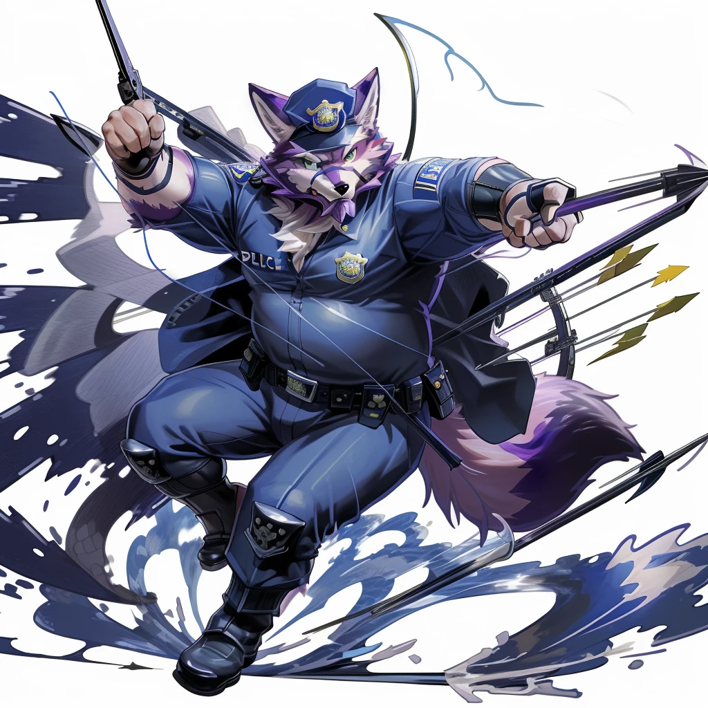 anthro, kemono, male, solo, (((anthro fox))), (((purple fox))), (((purple fur))), purple hair, green eyes, beard, white eyebrows, mature, muscular, (((beard))), white background, hold a bow, archer, ((((policeman, police outfit, police cap))), full body, splash art, (((action pose))), archery pose, shoot an arrow,
