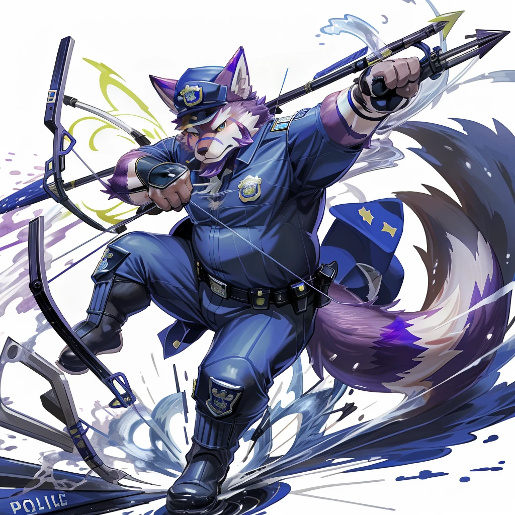 anthro, kemono, male, solo, (((anthro fox))), (((purple fox))), (((purple fur))), purple hair, green eyes, beard, white eyebrows, mature, muscular, (((beard))), white background, hold a bow, archer, ((((policeman, police outfit, police cap))), full body, splash art, (((action pose))), archery pose, shoot an arrow,