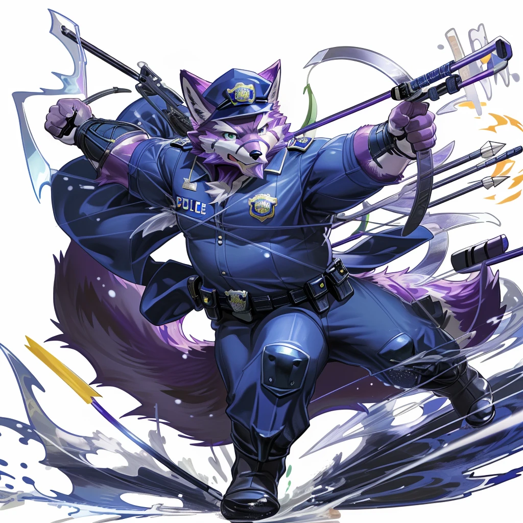 anthro, kemono, male, solo, (((anthro fox))), (((purple fox))), (((purple fur))), purple hair, green eyes, beard, white eyebrows, mature, muscular, (((beard))), white background, hold a bow, archer, ((((policeman, police outfit, police cap))), full body, splash art, (((action pose))), archery pose, shoot an arrow, 