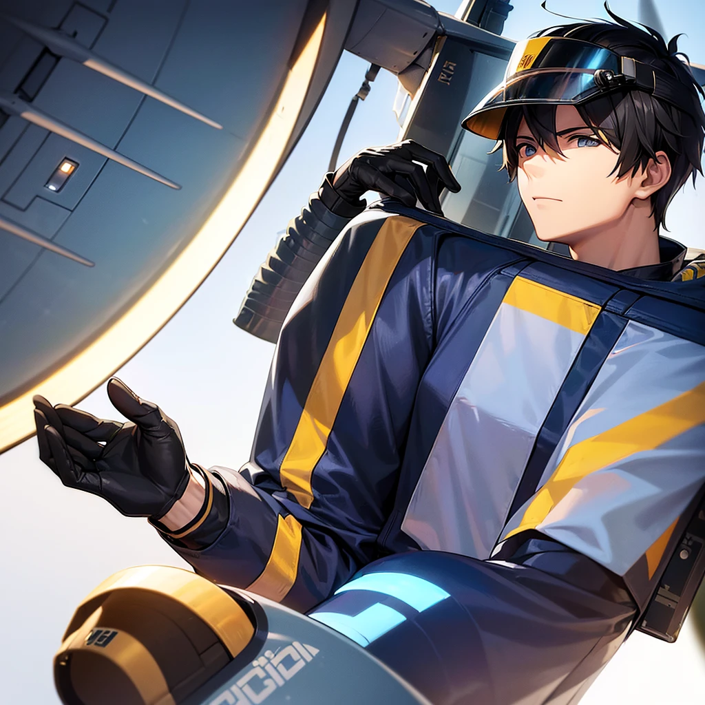 A ((male jet fighter pilot)) in his jet fighter pilot uniform with full pilot helmet ,pilot urinated on his jet