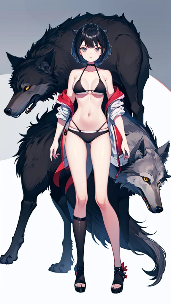 girl, standing, wolf cut, short hair, black hair, grey eyes, bikini, fullbody, masterpiece, good anatomy