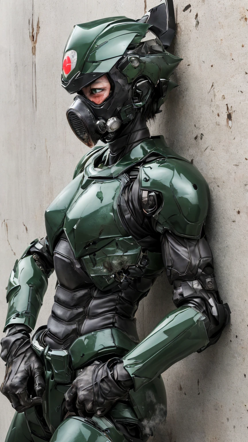 , Advanced Details, high quality, 最high quality, High resolution, 1080P 、Bleeding from the wound、Sexy Eyes、Wearing green and black、cute((The whole body is sweating))(Equipped with a damaged battle suit....)(Dark green armor)(Broken Armor)Black Hair、Chiquita、short hair、Open your mouth、Painful expression、It hurts again、Healthy Skin、20-year-old female　defeat　(Steam coming out of the face) ((Steam from the body)) 　Unable to fight　Severe attacks　((I was thrown against the wall、Headgear broke.　)) Flying debris　bare hands　Armor Stripping　gas mask explodes