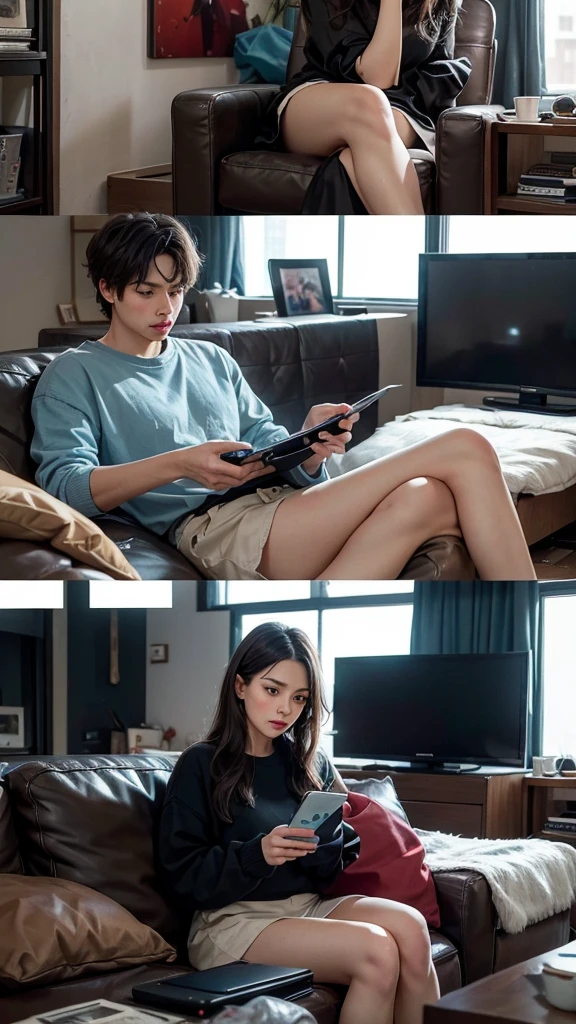 Realistic, personality: A couple sitting on the couch, staring blankly at the TV screen with expressions. The living room is cluttered and messy, adding to the sense of monotony and routine in their lives. Show them both holding their phones, completely disengaged from each other, highlighting the lack of communication and connection in their relationship. Unreal engine, hyper real