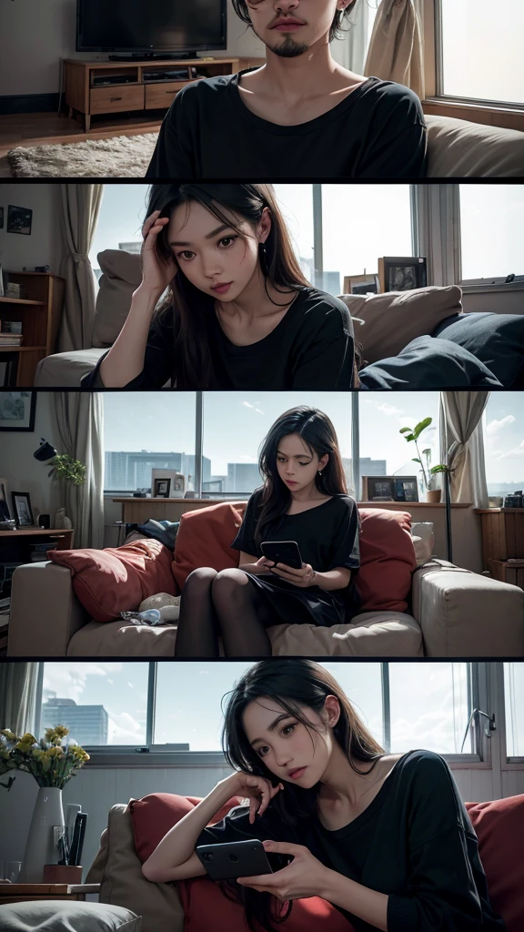 Realistic, personality: A couple sitting on the couch, staring blankly at the TV screen with expressions. The living room is cluttered and messy, adding to the sense of monotony and routine in their lives. Show them both holding their phones, completely disengaged from each other, highlighting the lack of communication and connection in their relationship. Unreal engine, hyper real