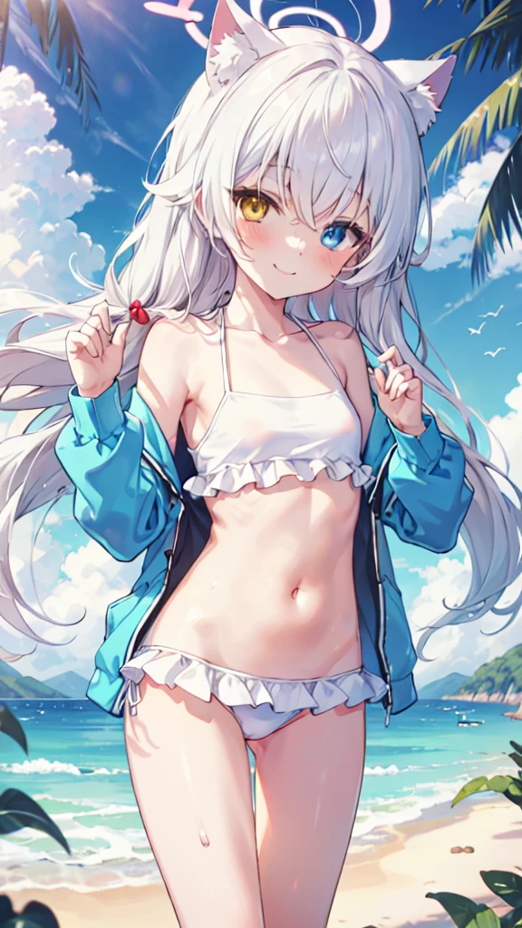 Bikini，White hair，Long hair，Cat ear，Heterochromia blue-yellow，Smile，Female face，There are bright spots in the eyes，Female hands，White little hands，Normal fingers，flat chest，Solitary，Summer，Beach，Halo
