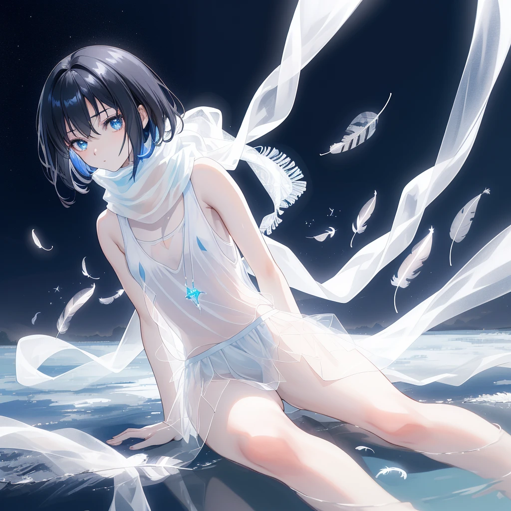 ((A long shot)) of a black haired anime teen girl, (sitting near a (river), ((strong sunlight)), cinematic light, slim body, skin is perfectly healthy, soft, and smooth, Extremely delicate and beautiful CG illustration, best quality, high resolution, dynamic angle, full-length lens, (1 girl), floating, soft light, high-key lighting), glowing light, blue halo, feathers fluttering background, blue crystal, (((wearing nothing but a white (pure) (transparent) tank top))), ((very cinematic)), ((Only wearing a scarf))