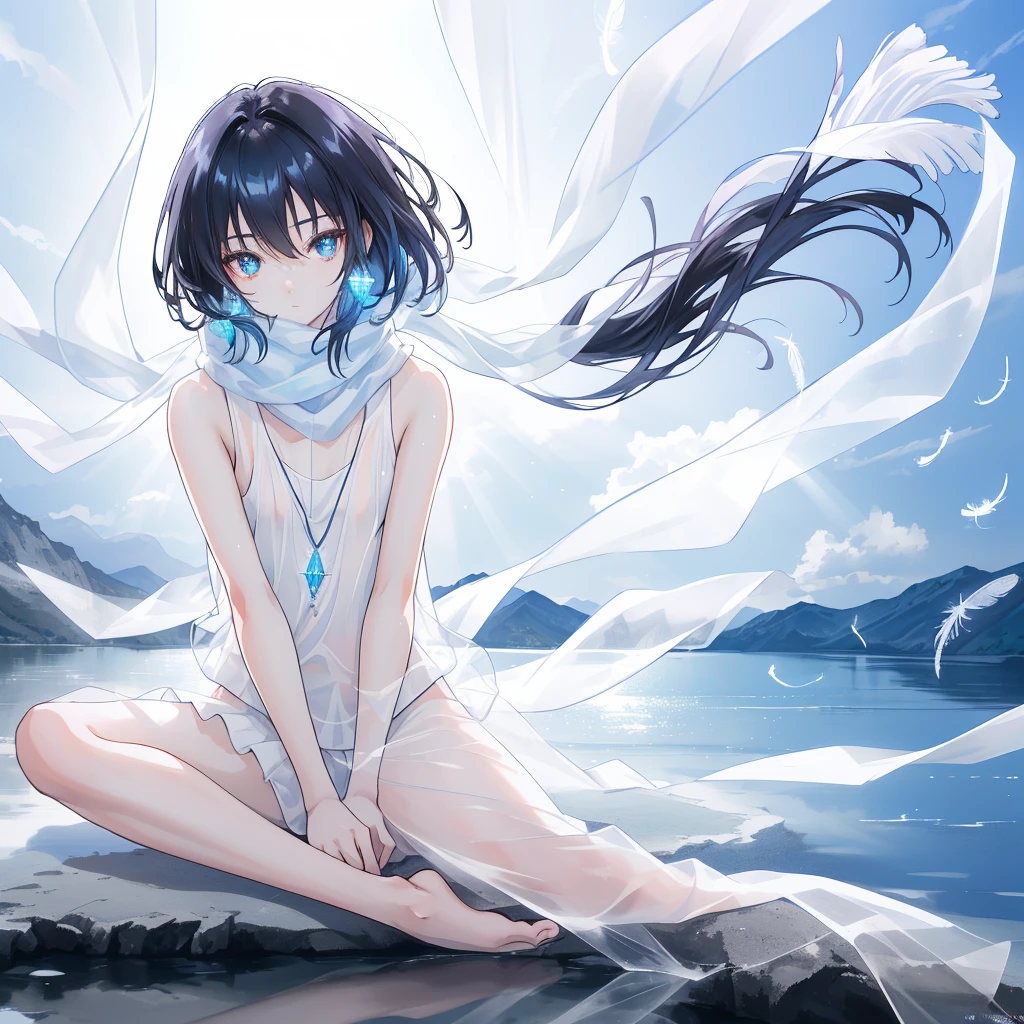 A black haired anime teen girl, (((sitting in an endless view of an (ocean:1.4)))), cinematic light, slim body with curves, skin is perfectly white, soft, (medium breasts), smooth, ((no nsfw)), Extremely delicate and beautiful CG illustration, best quality, high resolution, dynamic angle, full-length lens, (1 girl), floating, soft light, high-key lighting), glowing light, blue energy, feathers fluttering background, blue crystal, ((((wearing nothing but a white (transparent) tank top))))