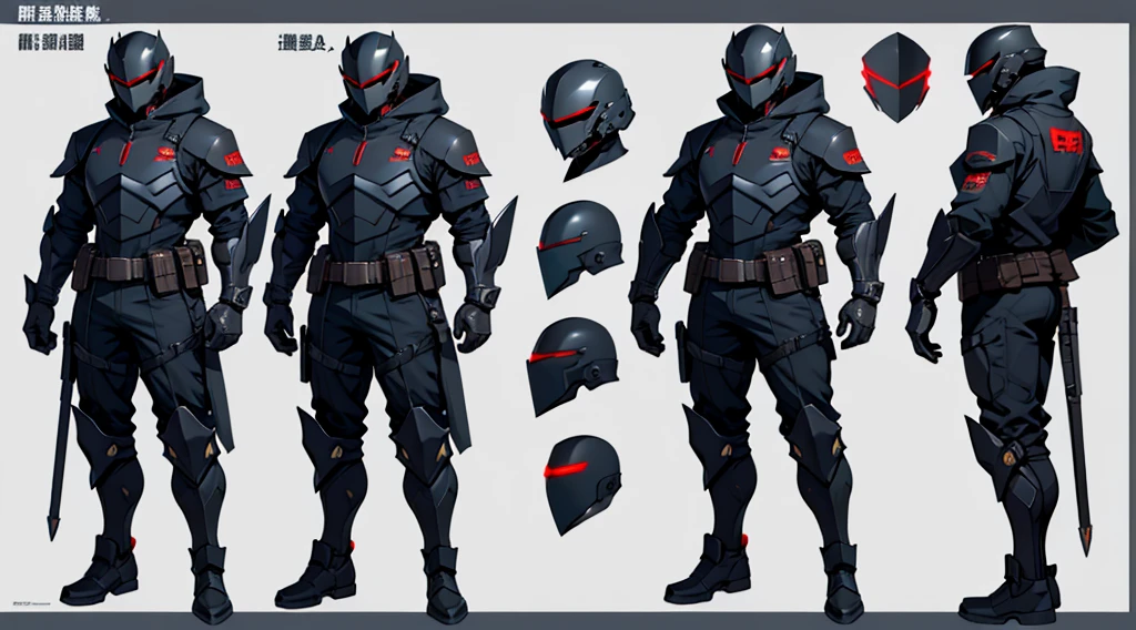 Character design sheet、male、Black combat uniform、Body Armor、Powered Suit、Full Face Helmets