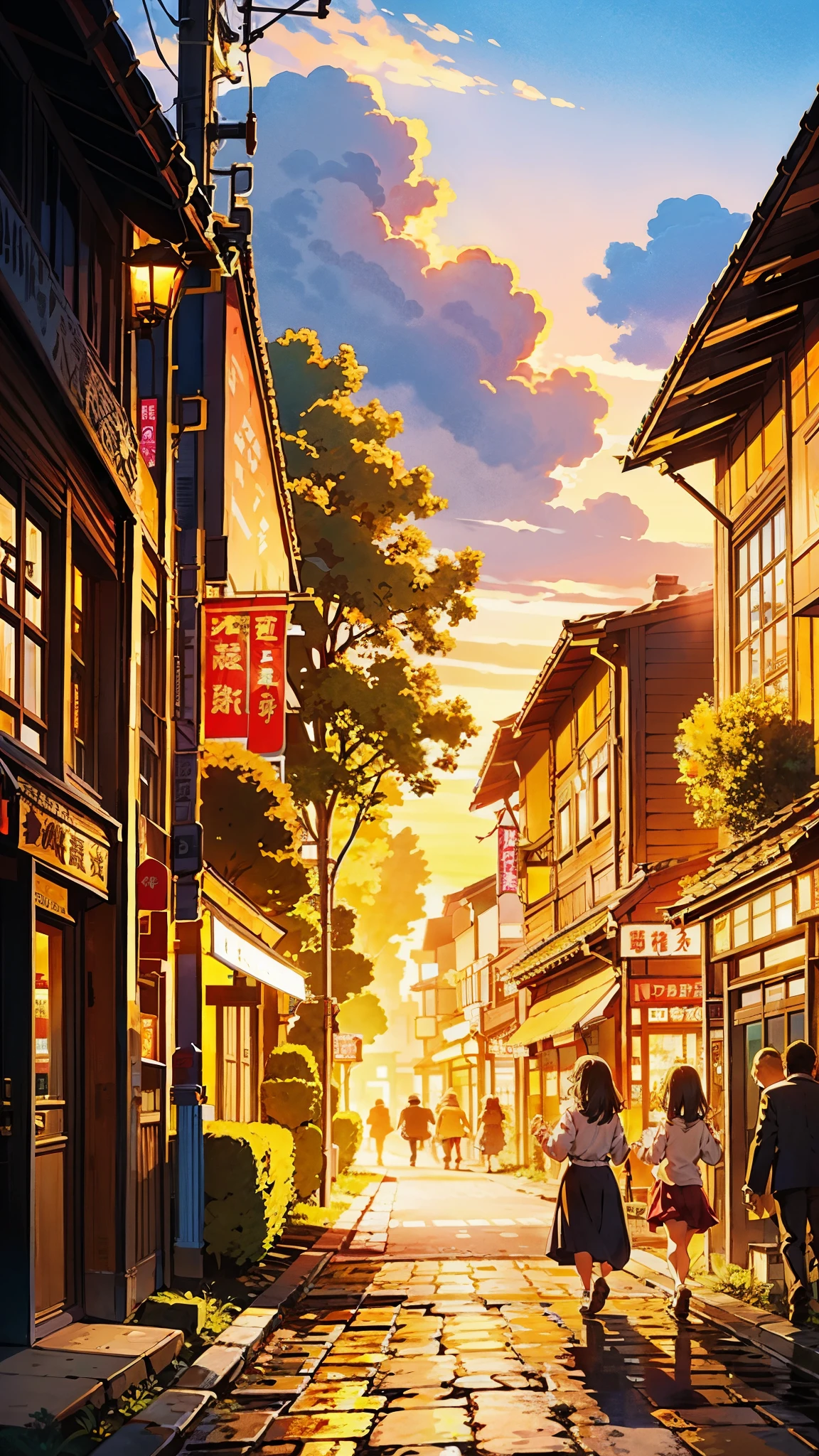 In the heart of the bustling city, A scene that looks like something straight out of a movie unfolds before your eyes.. The stage is set in high definition, Exquisite details accentuate its timeless appeal. A scene that captures the essence of a bygone era when prosperity reigned.、The past comes alive。. The warm light of the street lamps envelops the scenery., A golden glow on the cobblestone road、Illuminates every corner. , Surrounded by an aura of interest and surprise.