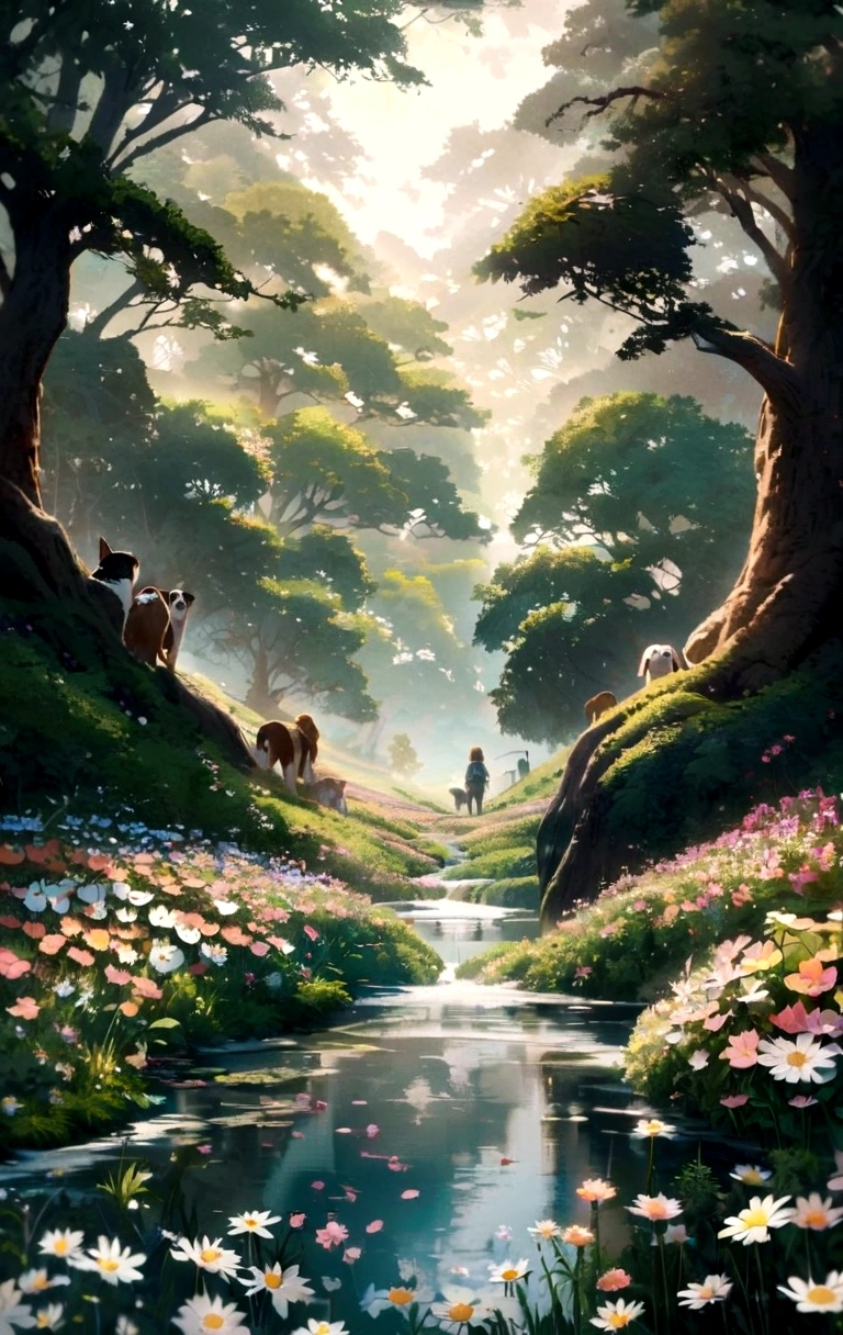 Create a scene of a beagle dog crossing a stream, climbing a hill and walking through a flower field, accompanied by an owl in a tree and a rabbit in front.