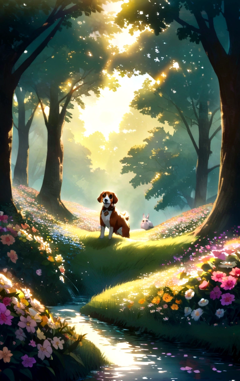 Create a scene of a beagle dog crossing a stream, climbing a hill and walking through a flower field, accompanied by an owl in a tree and a rabbit in front.