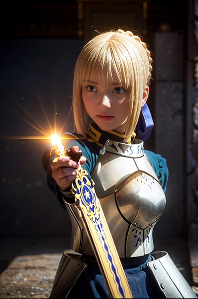  1girl,(((17 years old))),(a blond), (braided single hair bun)), (huge breast:1.5), (((armor))), ((beautiful anime eyes with fine detail)), ((indigo blue ribbon)), realistic skin, (intricate details), ((lighting forward)), depth field, ((ultra high resolution, high res)), {highres}, {{very fine 8KCG wallpapers}}, {{very precise detailed}}, ((((masterpiece)))),background old castle, ((grasp a golden sword)), 