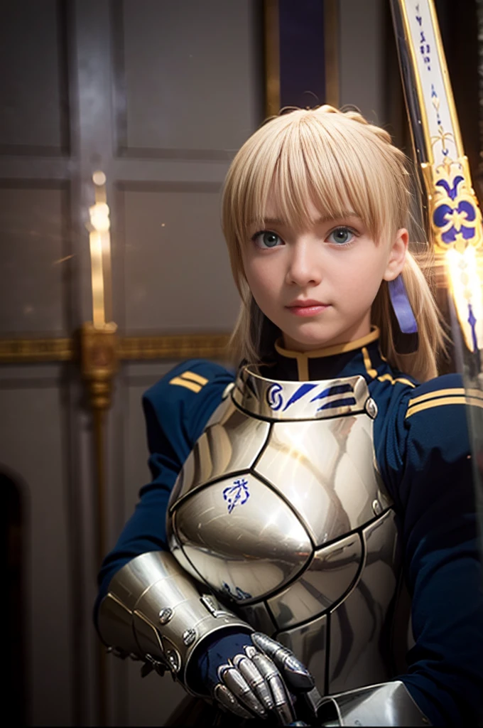 1girl,((())),(a blond), (braided single hair bun)), (huge breast:1.5), (((armor))), ((beautiful anime eyes with fine detail)), ((indigo blue ribbon)), realistic skin, (intricate details), ((lighting forward)), depth field, ((ultra high resolution, high res)), {highres}, {{very fine 8KCG wallpapers}}, {{very precise detailed}}, ((((masterpiece)))),background old castle, ((grasp a golden sword)),