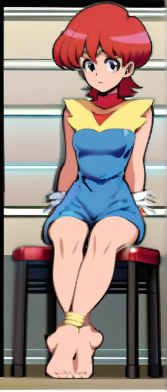 Ranma saotome, Red hair, redhead, barefoot bunny, sit tied to a chair, tied ankles together with ropes,full body.