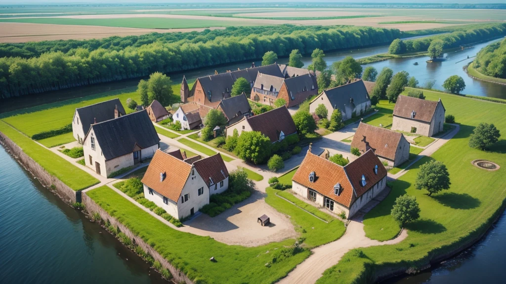 Beautiful scenery of ancient Dutch village. Aerial view, Photorealistic photos. High definition