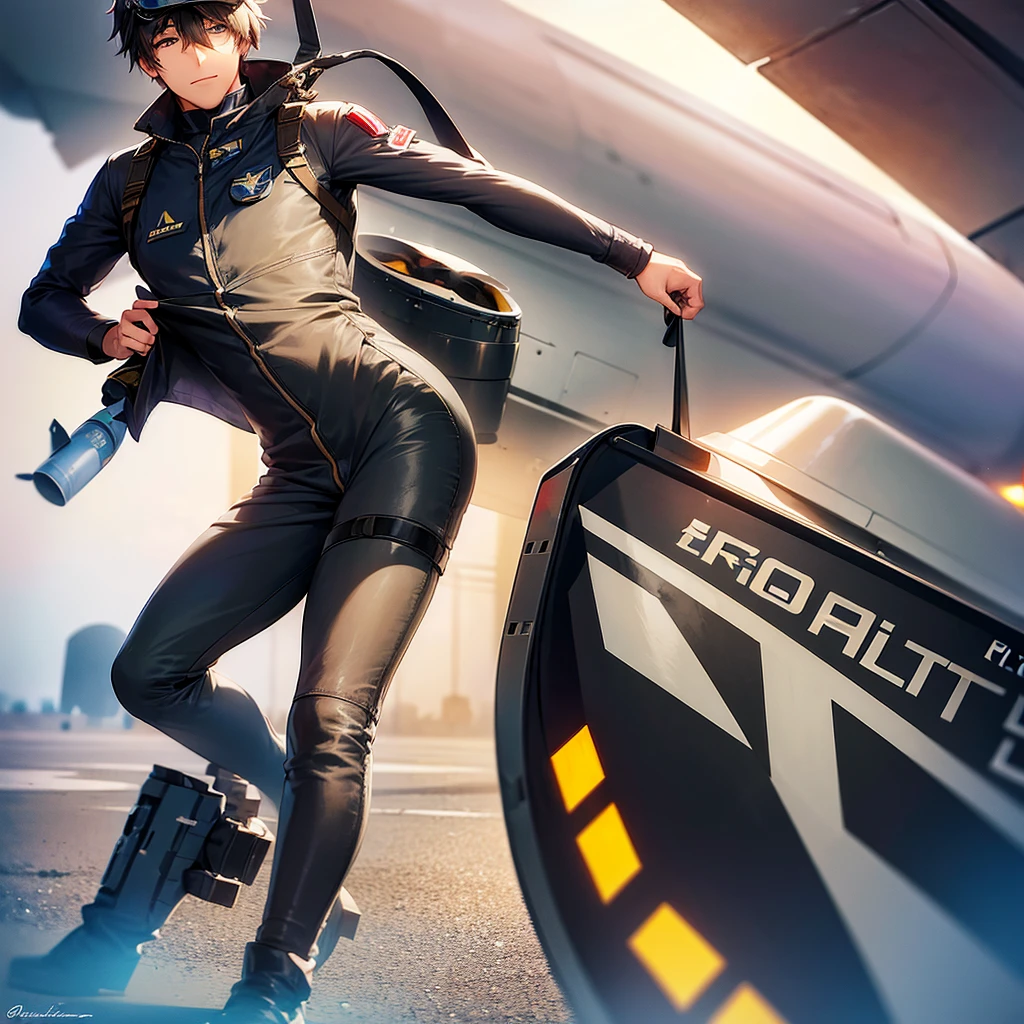 A ((male jet fighter pilot)) in his jet fighter pilot uniform with full pilot helmet ,pilot (((urinated))) on his jet