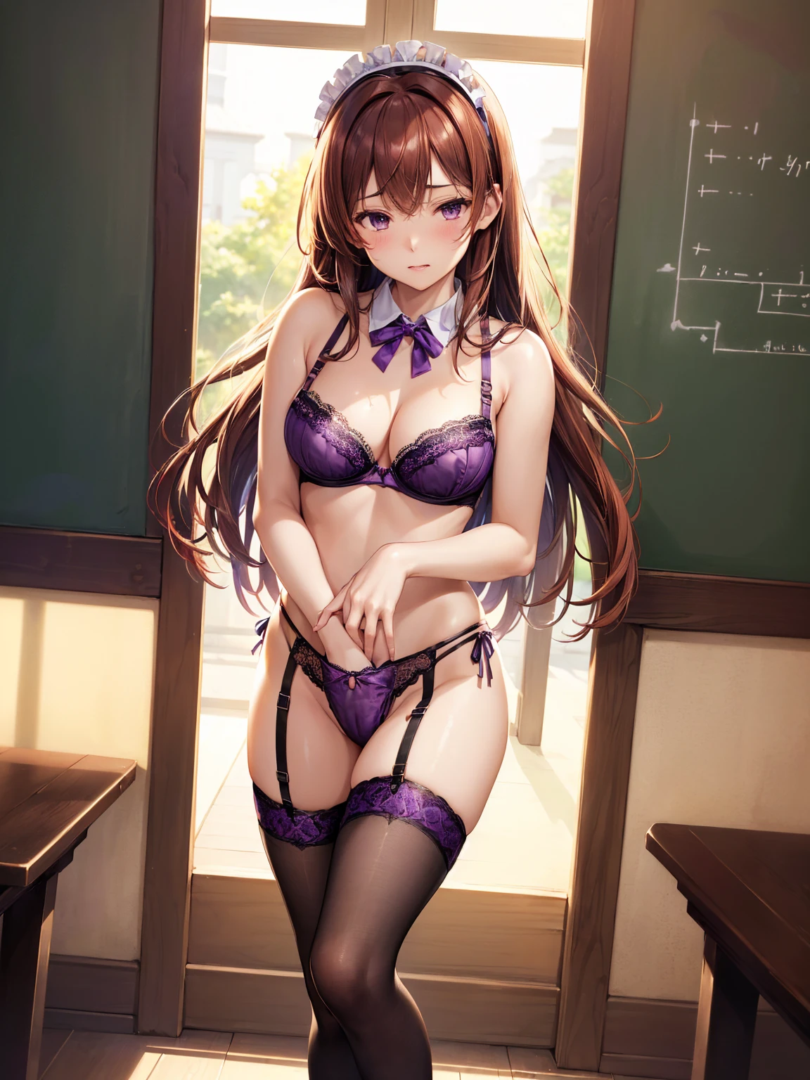 (((masterpiece, Highest quality, High resolution, 超High resolution, Perfect Pixel, Depth of written boundary, 4K, RTTX 10.0))), Beautiful Anime Women, Beautiful art style, Anime characters, ((Smooth texture, Realistic texture, Anime CG Style)), Exact finger count、Exact number of legs、(Exact number of arms:1.0, Exact number of hands:1.0), (Perfect hands, Perfect Anatomy), Cinematic, Realistic, Extremely detailed CG, Daytime lighting, Perfect lighting, Best Shadow, The best natural light, whole body, Perfect body, バランのとれたPerfect body, Perfectly balanced style, (Slender body:1.2), ((Long Hair, bangs, Reddish brown hair, Stylish hairstyle)), ((A cute woman stands with her hands in her panties:1.8)), (Put one hand in your panties:1.8), (fingering:1.8), (pussy juice:1.5), ((Bow tie around neck, High heels:1.3), (Sexy and cute purple underwear:1.3), (Stylish shiny purple satin panties, Side-tie panties, The panties are plain purple in the center with lace decoration on the sides.:1.3), (thin lace panties:1.3), (Purple micro lace satin bra, Purple bra with lace trim, Thin bra:1.3), (garter belt, Knee socks:1.3):1.3), (Beautiful big , Cleavage:1.1), (Embarrassed expression:1.4), blush, (sexual pleasure expression:1.5), (The expression of someone who is holding in the toilet:1.4), (Look up, Mouth half open, Half-close your eyes:1.2), (School classroom, Decorated chalkboard:1.3), naked, In underwear, Waitress in underwear, (Frilly maid-like headband:1.2), whole body, Angle from the front, chizuru