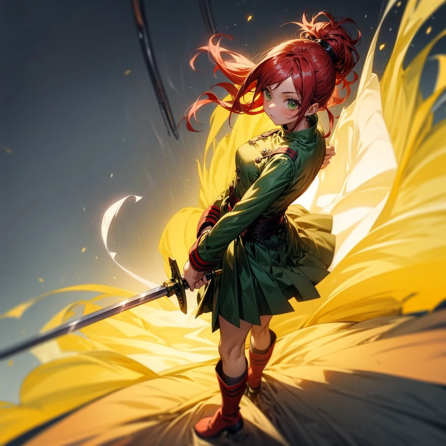 1girl, Full body version, 1character, character is girl, green eyes color, long hairstyle, red colour hair, soldier style clothing, Long skirt, long socks, long boots, red earrings, two gold sword in two hand, full armors in body, full background, Grassroots, background in town, motion blur, shadow, standing gesture, sword emits a black aura, smoke, fire, lighting sword, lighting 