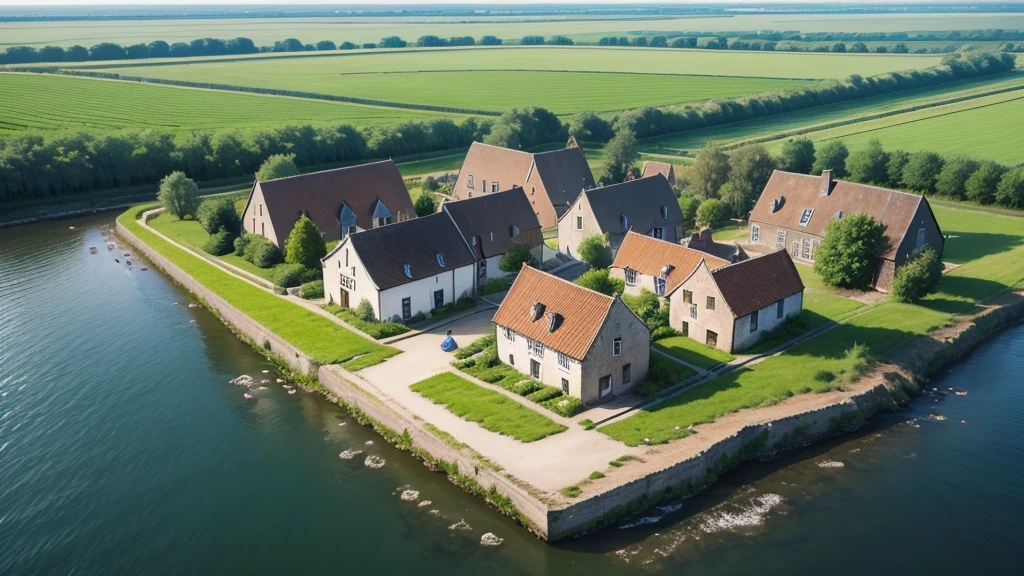 Beautiful scenery of ancient Dutch village. Aerial view, Photorealistic photos. High definition