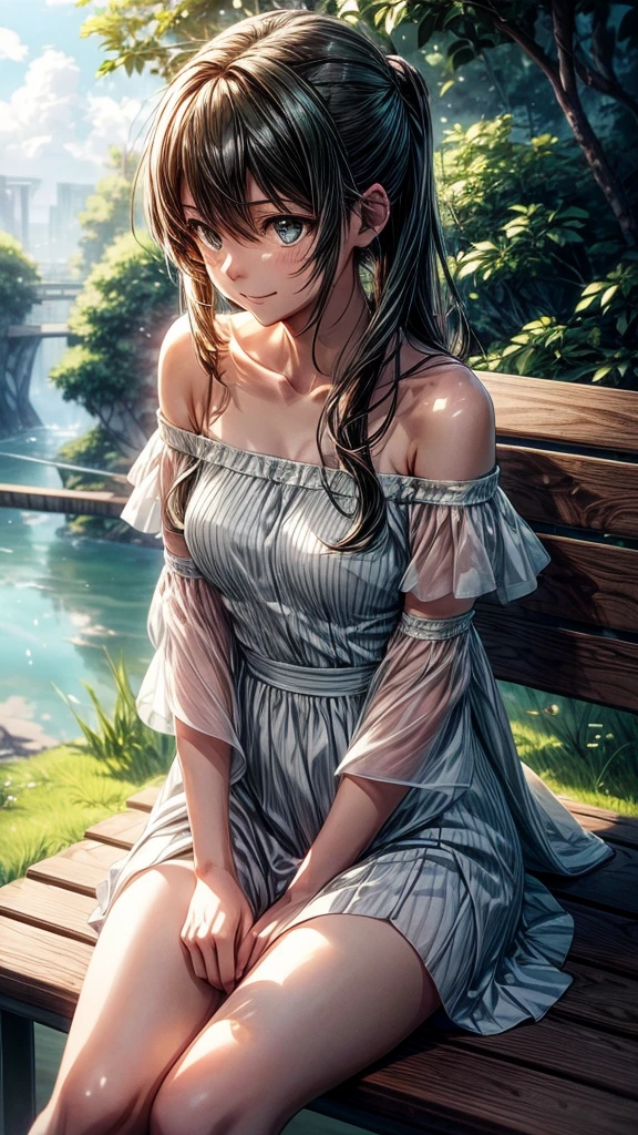 A Makoto Shinkai-esque scene with a mysterious natural background。
while sitting on the bench。
Wearing a white dress。
Off-the-shoulder dress。
Smiling and looking upwards。
Hatsune Miku