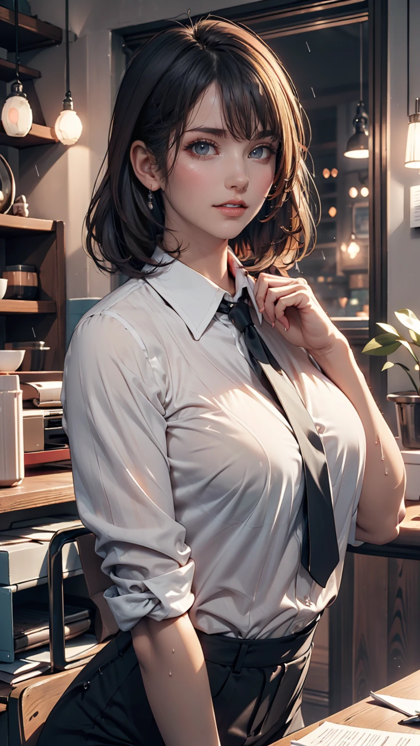 (8K, Highest quality, masterpiece: 1.2), (Realistic, photoRealistic: 1.37), Very detailed, 1 girl, 17 years old, alone, small breasts, Beautifully detailed skies, Detailed Cafe, night, (blush), (smile: 1.15), (Mouth closed), small, (Collared shirt: 1.1), night, Wet, Office Clothes, rain, White lace, (short hair: 1.2), Floating Hair NovaFrogStyle, Random sexy poses,