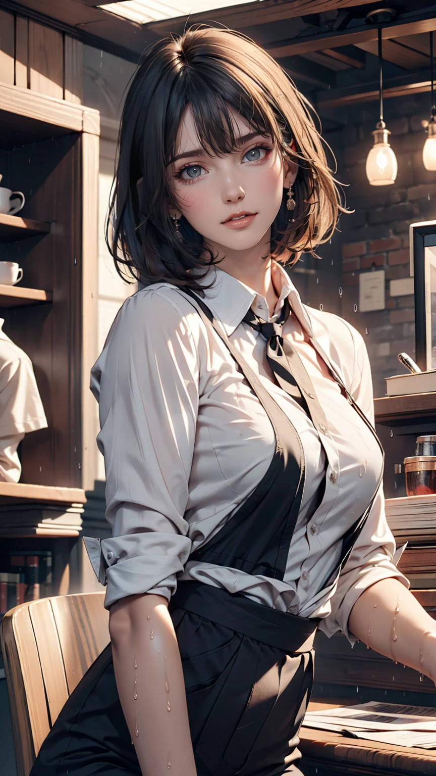 (8K, Highest quality, masterpiece: 1.2), (Realistic, photoRealistic: 1.37), Very detailed, 1 girl, , alone, small breasts, Beautifully detailed skies, Detailed Cafe, night, (blush), (smile: 1.15), (Mouth closed), small, (Collared shirt: 1.1), night, Wet, Office Clothes, rain, White lace, (short hair: 1.2), Floating Hair NovaFrogStyle, Random sexy poses,