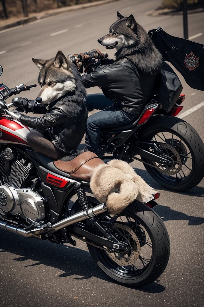 Create an image 3:4, of a motorcycle gang emblem called "Wolf's Banes", showing a decapitated wolf's head impaled on a hunting knife