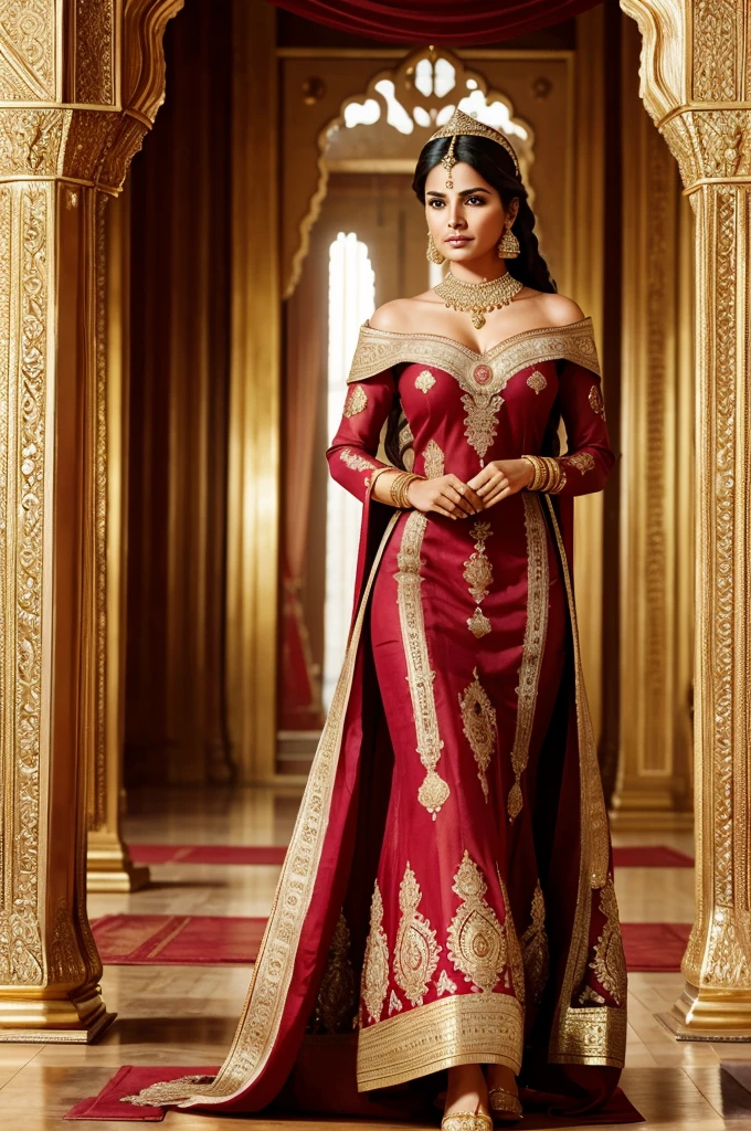 Powerful woman, royal, indian history, elegance, power, beauty, ruler, hd, high quality, good anatomy, long view, full dress, court, realistic, full ornaments, gold or red gown, mughal empire, walking power