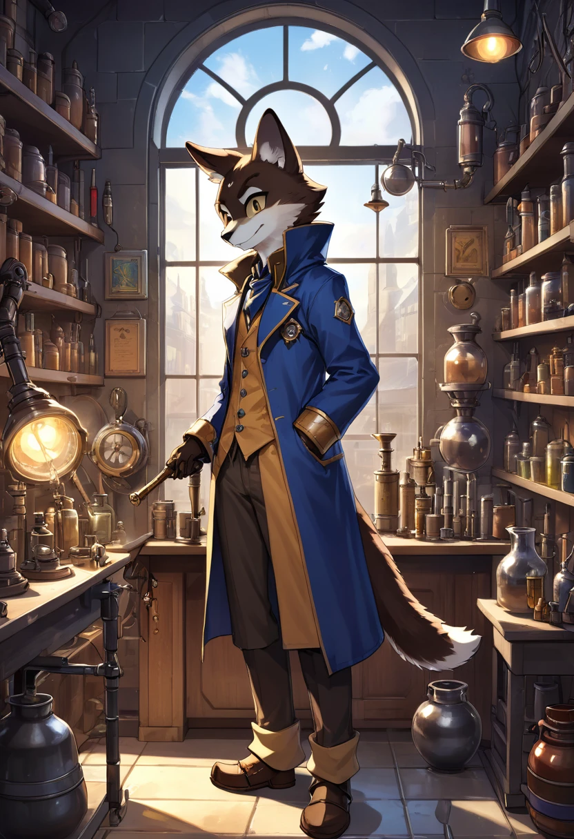 cover page, highres, top quality, best quality, paid reward available, unparalleled masterpiece, perfect artwork, absurdres, High-quality illustrations, super high resolution, detailed background, perfect anatomy(1boy, solo, kemono, furry anthro, alchemist, Experimenting)many pottery, in room with many windows, in cluttered lab, in steampunk laboratory, fantasy alchemist laboratory, weapon shop interior, cinematic lighting,