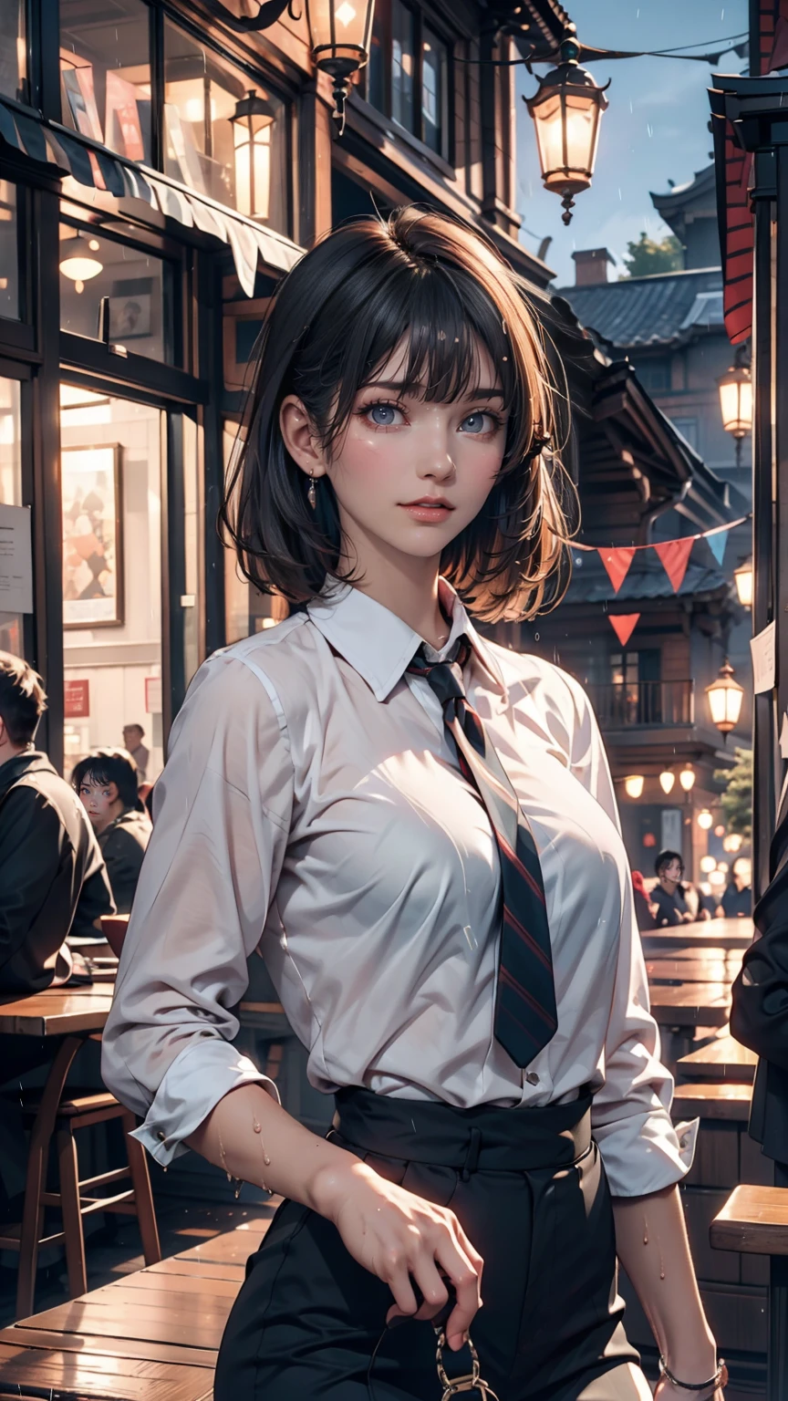 (8K, Highest quality, masterpiece: 1.2), (Realistic, photoRealistic: 1.37), Very detailed, 1 girl, 17 years old, alone, small breasts, Beautifully detailed skies, Detailed Cafe, night, (blush), (smile: 1.15), (Mouth closed), small, (Collared shirt: 1.1), night, Wet, Office Clothes, rain, White lace, (short hair: 1.2), Floating Hair NovaFrogStyle, Random sexy poses,