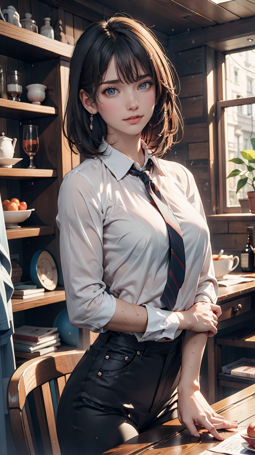(8K, Highest quality, masterpiece: 1.2), (Realistic, photoRealistic: 1.37), Very detailed, 1 girl, , alone, small breasts, Beautifully detailed skies, Detailed Cafe, night, (blush), (smile: 1.15), (Mouth closed), small, (Collared shirt: 1.1), night, Wet, Office Clothes, rain, White lace, (short hair: 1.2), Floating Hair NovaFrogStyle, Random sexy poses,