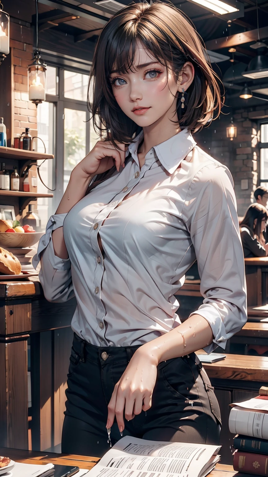 (8K, Highest quality, masterpiece: 1.2), (Realistic, photoRealistic: 1.37), Very detailed, 1 girl, , alone, small breasts, Beautifully detailed skies, Detailed Cafe, night, (blush), (smile: 1.15), (Mouth closed), small, (Collared shirt: 1.1), night, Wet, Office Clothes, rain, White lace, (short hair: 1.2), Floating Hair NovaFrogStyle, Random sexy poses,