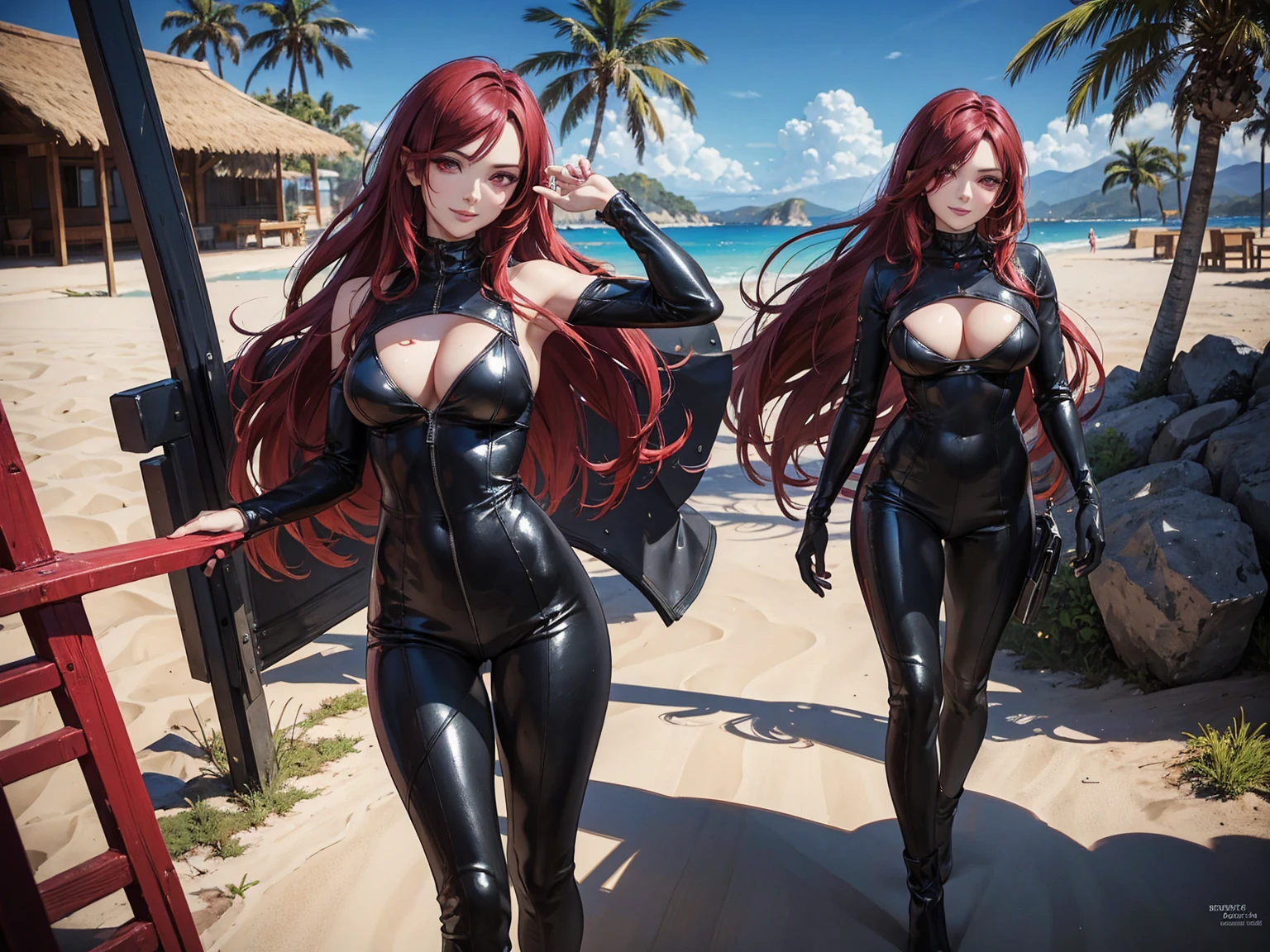 a woman with a seductive expression, loving smile, detailed eyes, pose sexy, long dark crimson hair, his super detailed glowing eyes, Full lips painted red, chiseled physique and wide hips. He wears a closed black leather jumpsuit., whose shiny surface accentuates its shape. Walking on a sunny beach, This image oozes realism., capturing the essence of a fragile figure. digital art, photorealistic and high definition technique