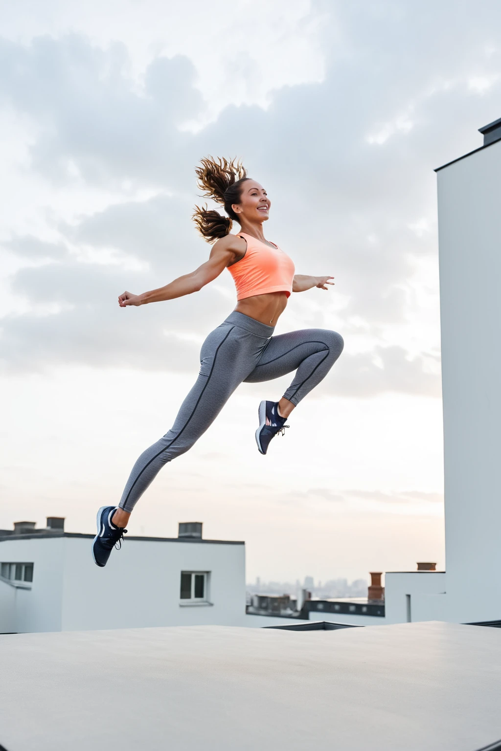 arafed woman in a sports t shirt and leggings jumping in the air, leaping into the air, leaping, jump pose, leaping with arms up, standing on rooftop, leaping towards viewer, athletic fashion photography, dynamic active running pose, in a jumping float pose, standing on a rooftop, female ascending into the sky