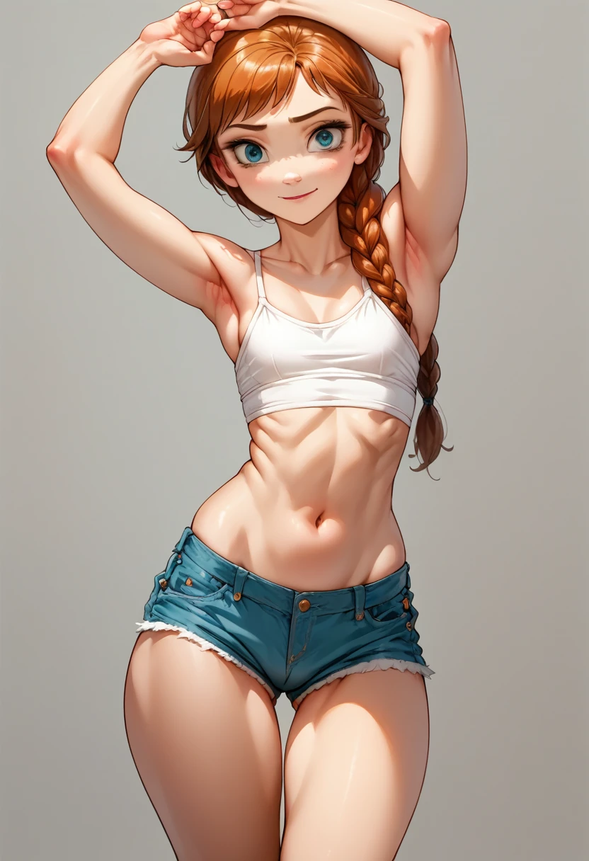 anna frozen, Youngh, wearing a short white top, small breasts showing, pose, wearing short denim shorts, ((sculptural body)), perfect curves, whole body, sexy pose photo, Good traits, best qualityer, fine-detailed, no flaws