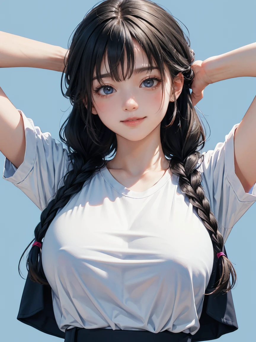detailed eyes , huge breasts , braided hairstyle , portrait , white t-shirt ,sky blue background , black hair , smile , black eyes