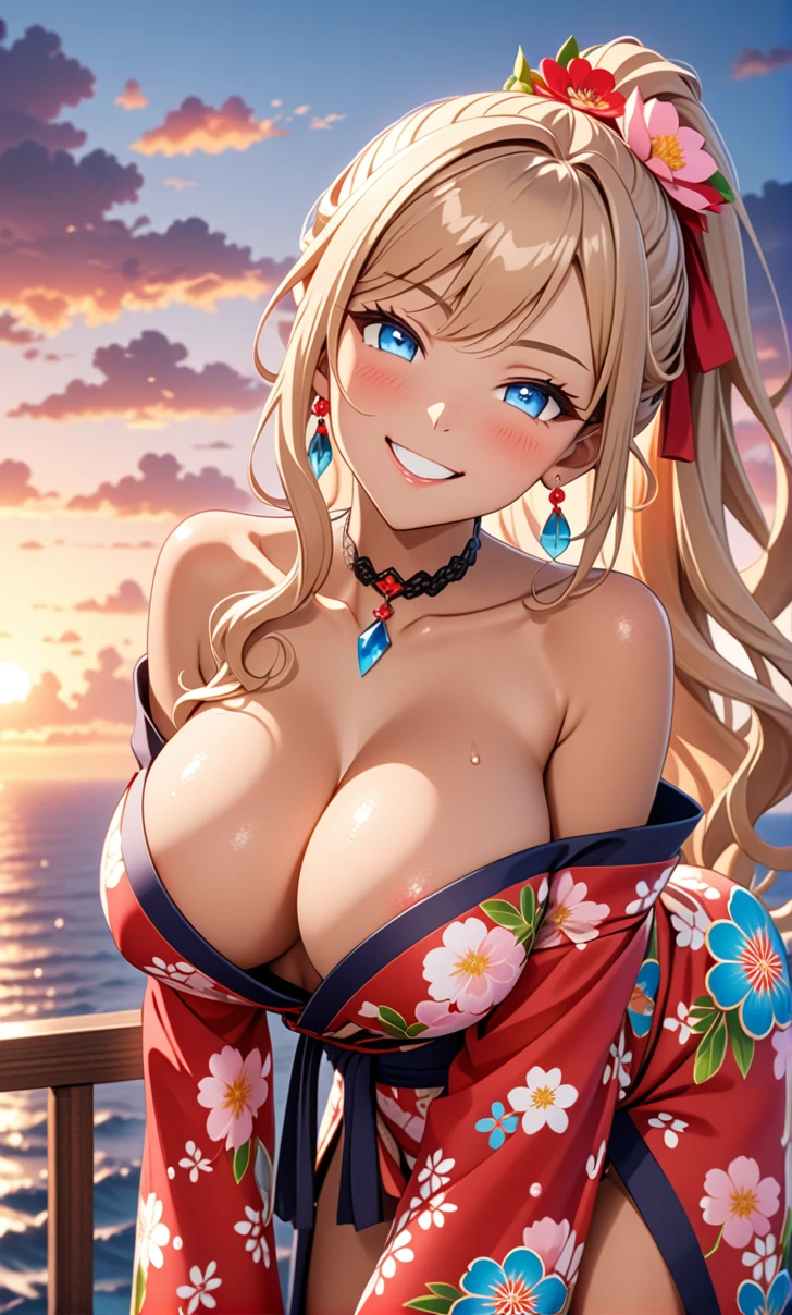ultra-detailed, ((one girl)), (tan skin improved:1.1), tanlines, sweat skin, hyper detailed, absurdres, 8K, Beautiful Face, (Laugh shyly), ((teasing smile:1.8)), (tan skin:1.3),((Wink:1.7)), (Laugh with your mouth wide open),((Tilt your head:1.6)), View your viewers, ((Bright red cheeks:1.6)),Glossy Red Lips, ((Big Breasts:1.4)), ((show off breast:1.4)), (erect nipples), night, An observation deck overlooking the sea, (Brighten your face), ((Anime style background)),masterpiece, Highest quality, so beautiful,Latest, Complex details, (Pink long nails), (nail art), (ring),(bracelet), (Floral Choker),AI-generated, Complex,High resolution, Highest quality, super high quality,3D Images、3D Images,One person,Branded long hair,(High Ponytail), (wavy hair:1.3), Anime woman posing for a photo, ((Fine grain、blue eyes、glowing eyes:1.4)), (Squint your eyes:1.1),a hyperRealistic , hyperRealistic , Realistic,Anime woman with long blonde hair, Smooth anime CG art, A girl in a gorgeous pastel-colored kimono, ((undressing)), ((Pastel-colored furisode)),(Pink large floral pattern) ,Long flower hair ornament,Floral Earrings,Mature Body, tall,Narrow waist, ((leaning forward:1.3)), (front view),