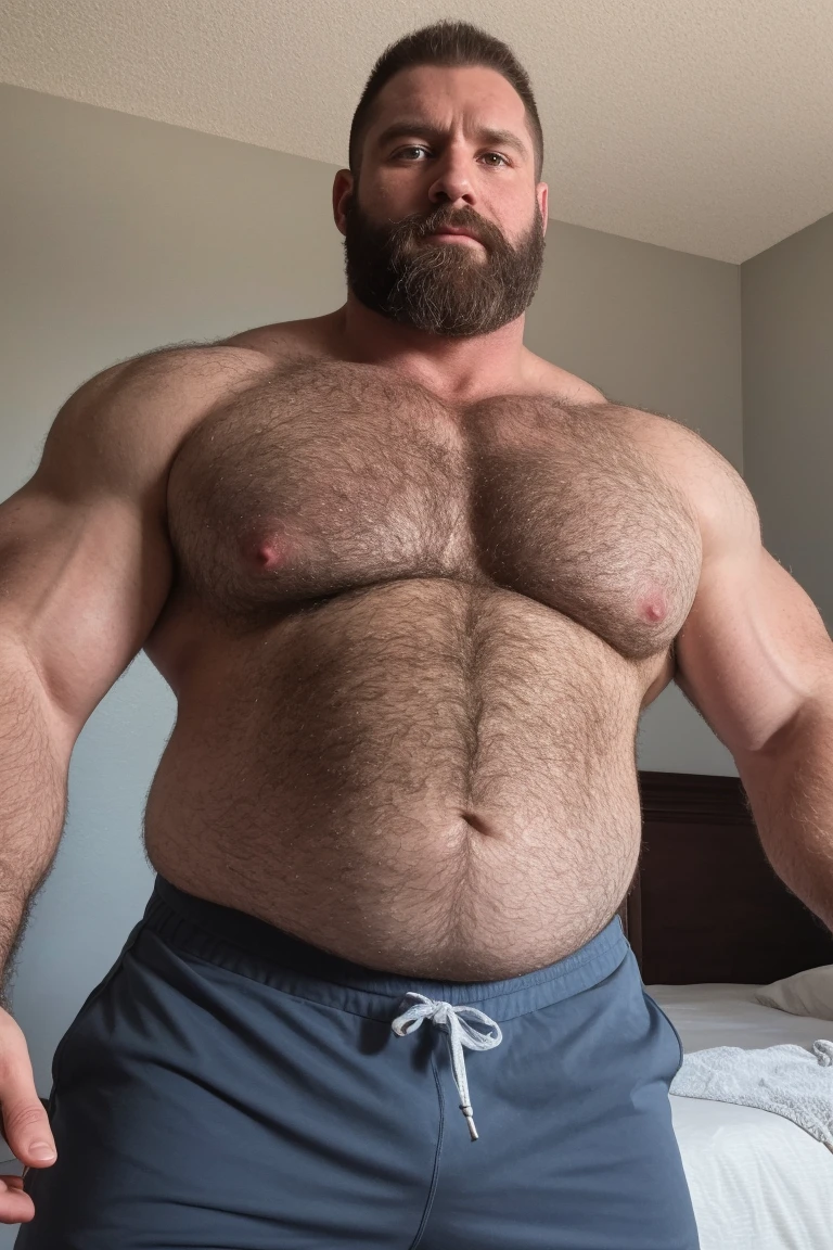 8K HDR Very Extremely Realistic Very Detailed High Quality 8K HDR Very Realistic 46 year old daddy rugged bodybuilder muscle bears man, 8KHDR very realistic detailed hairy, 8KHDR very realistic beared big daddy muscle bear, and 8KHDR very realistic detailed rugged burly man in shorts. 8KHDR Very Realistic legs, 8KHDR very realistic hair, 8KHDR very realistic beards, 8KHDR very realistic thick chubby fat neck, 8KHDR very realistic neck lines, 8KHDR very realistic detailed neck, 8KHDR very realistic belly, 8KHDR very realistic burly chest, 8KHDR very realistic detailed hairy burly strong chest and arms, 8KHDR very realistic detailed hairy burly strong chest and arms, 8KHDR very realistic pecs, 8KHDR very realistic burly muscle bear body, 8KHDR very realistic nipples, 8KHDR very realistic burly muscle bear body, 8KHDR very realistic face, 8KHDR very realistic detailed face, 8KHDR very realistic eyes, 8KHDR very realistic detailed eyes, 8KHDR very realistic pupils, 8KHDR very realistic detailed pupils, 8KHDR very realistic head, 8KHDR very realistic waist, 8KHDR very realistic facial features, 8KHDR very realistic burly arms, 8KHDR very realistic elbows, 8KHDR very realistic hands, 8KHDR very realistic pecs, 8KHDR very realistic belly, 8KHDR very realistic human man body, 8K HDR very realistic bellybutton, 8KHDR very realistic wrists, 8KHDR very realistic fingers, 8KHDR very realistic fingernails, 8KHDR very realistic shoulders, 8KHDR very realistic mouth, 8KHDR very realistic lips, 8KHDR very realistic mens clothing, 8KHDR very realistic detailed mens clothing. 8KHDR Very Realistic Hairy Bearded Burly Muscle bear Photoshoot, 8KHDR A very realistic burly muscle bear man in a bedroom, 8KHDR Very Realistic Intricately Detailed, 8KHDR very realistic detailed bedroom surroundings, 8KHDR very realistic surroundings lighting, No Deformities, captured with a 85mm lens, 8K HDR Very Ultra Realistic and, 8K HDR Clear HDR Quality full with very realistic real details