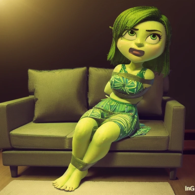 anatomically correct, masterpiece, best high quality, RAW Photo, perfect anatomy, 4k, quality lighting, detailed hands, detailed feet, detailed eyes, solo, female character, green dress, mini skirt, green hair, green skin, thick thighs, wide hips, medium breasts, bedroom, sitting tied on sofa, barefoot, full body view,  