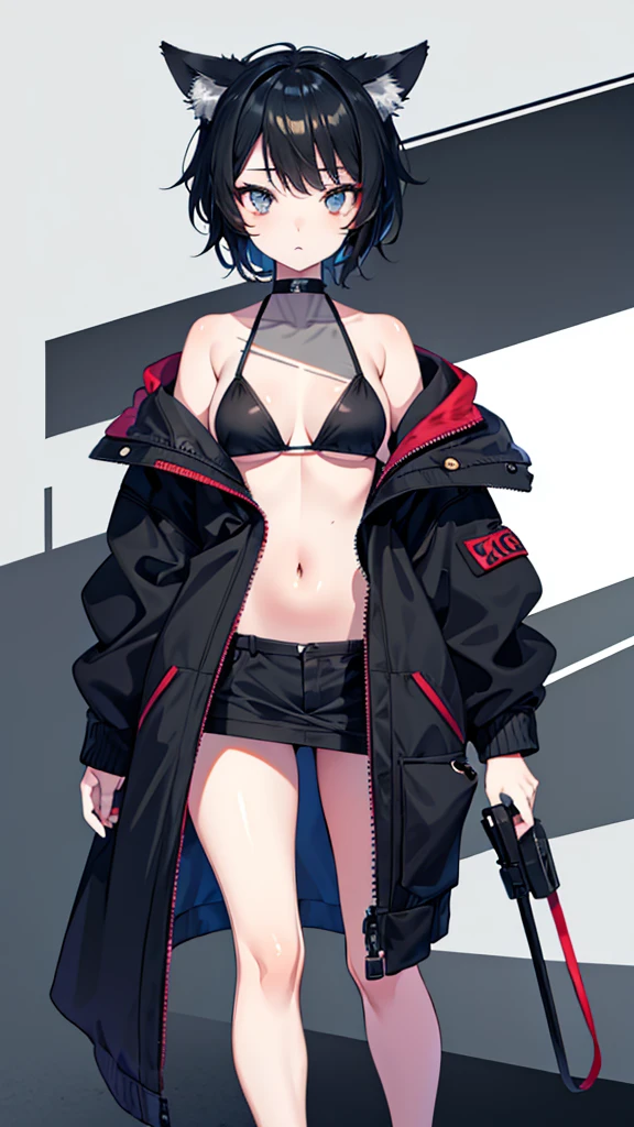 girl, standing, wolf cut, short hair, black hair, grey eyes, bikini, bust, masterpiece, good anatomy, amazing quality, 4k
