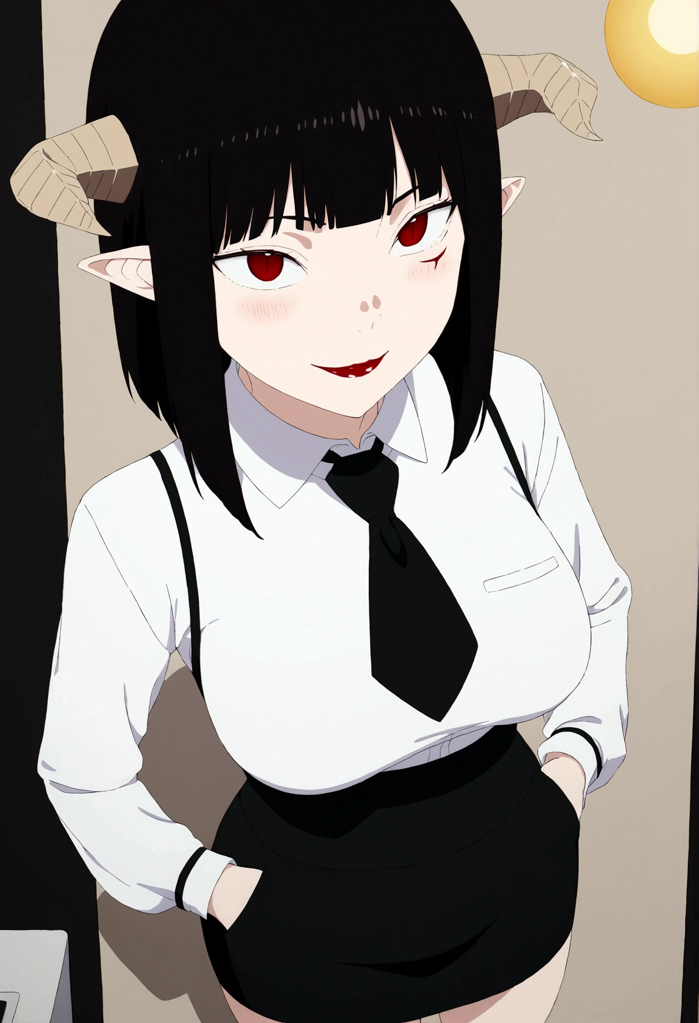 ,hands in pocket,work of art, tight white secretary shirt with black tie, black high waist skirt, short skirt,stocking, black hair, black tightscary sun,office,bangs on the eyes,lighting,horn of hair,view from above,evil smile,linda,staring overhead,blushed,face red,Eyes red,
